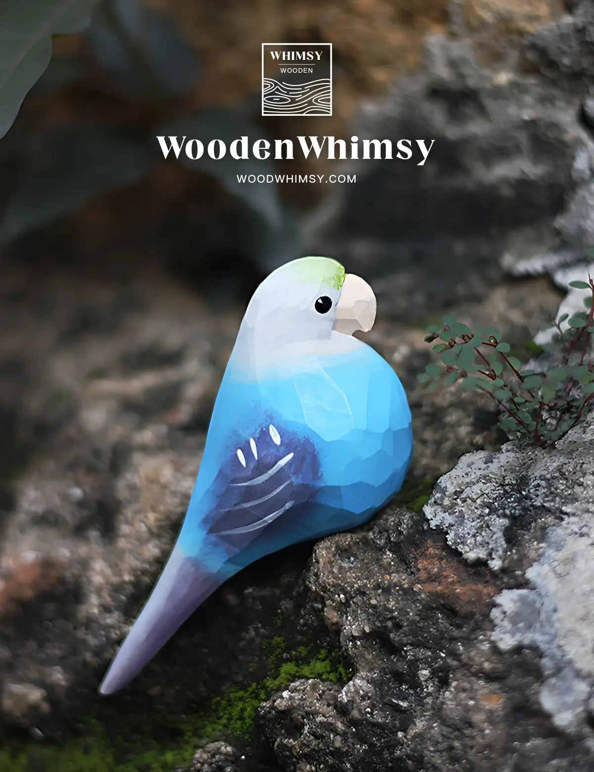 Handcrafted Blue Parakeet Wooden Sculpture by WoodenWhimsy - Vibrant Home Accent-02