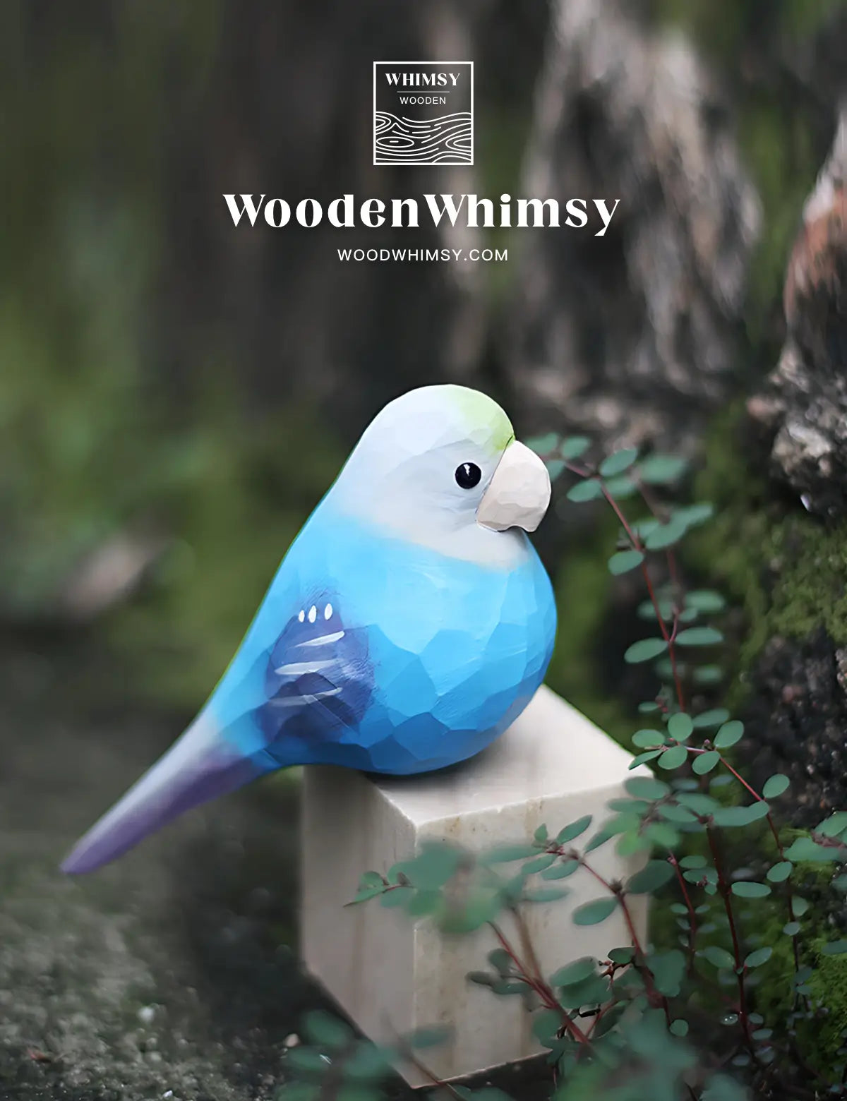 Handcrafted Blue Parakeet Wooden Sculpture by WoodenWhimsy - Vibrant Home Accent-03