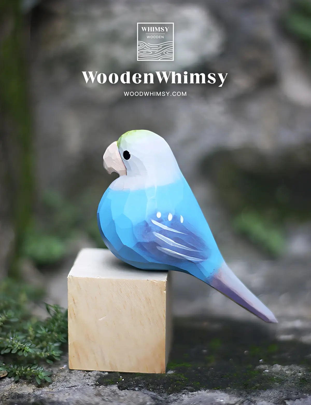 Handcrafted Blue Parakeet Wooden Sculpture by WoodenWhimsy - Vibrant Home Accent-04